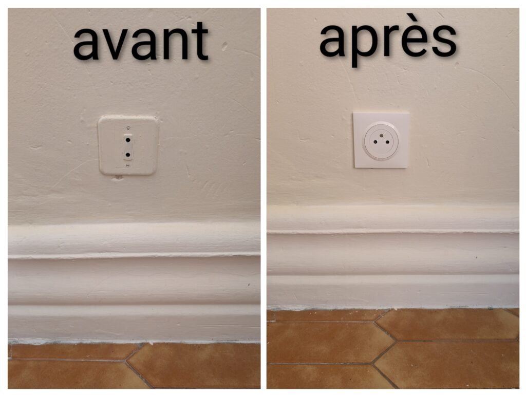 Photo avant apres le remplacement d'une prise avec l'ajout de la terre