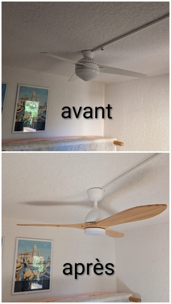 Remplacement d'un ventilateur de plafond, avant et après
